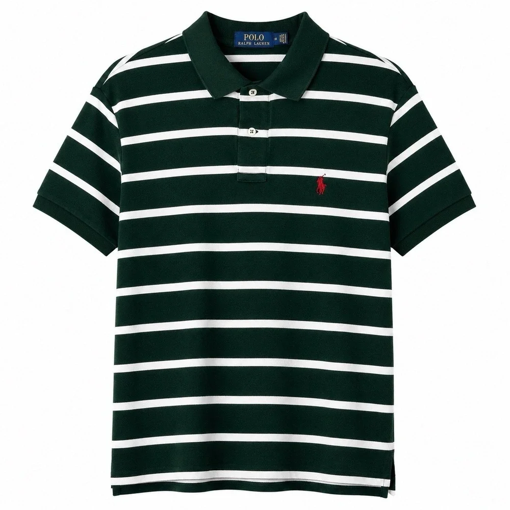 Polo Ralph Lauren Polo Shirt Mens M Green White Stripe Red Pony 100% Cotton Soft